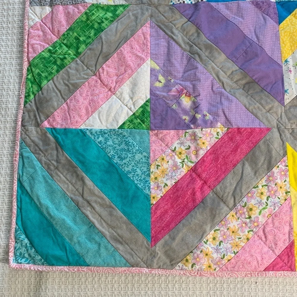 Handmade small lap quilt gray, pink, yellow, blue, purple, green